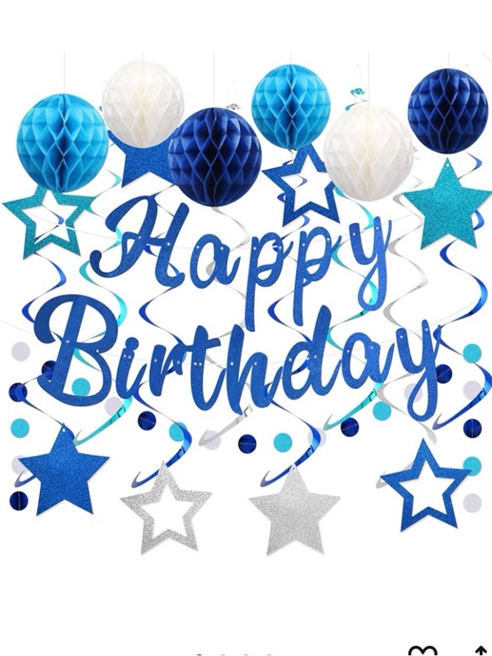 Blue & White Happy Birthday Hanging Swirl Party Decoration